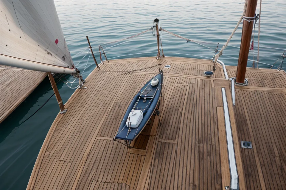 Kabellose Kopfhörer liegen auf einem Holzdeck neben einer Seekarte.