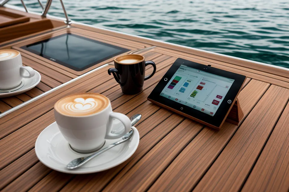 Ein Tablet mit einer modernen Lern-App für den Sportbootführerschein auf einem Bootsdeck.