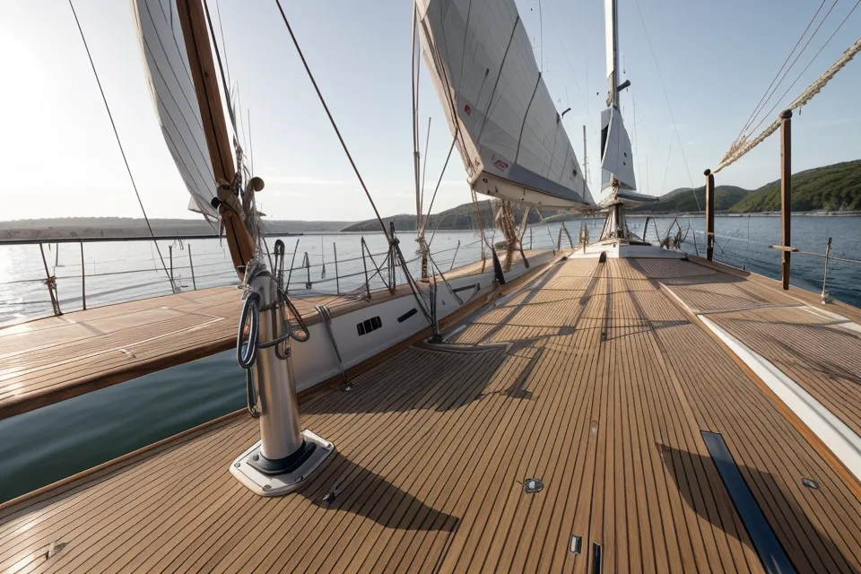 Blick vom Deck eines Sportbootes auf die Ostsee mit einem Leuchtturm am Horizont