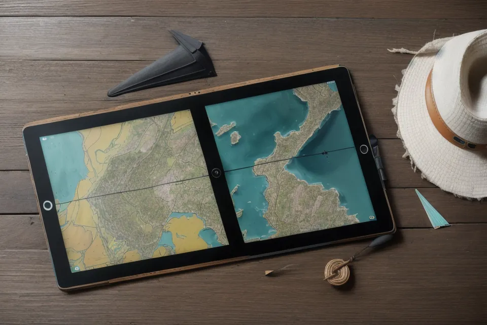 Ein Tablet mit einer Segelkurs-App liegt neben einer alten Seekarte aus Papier auf einem Holztisch.